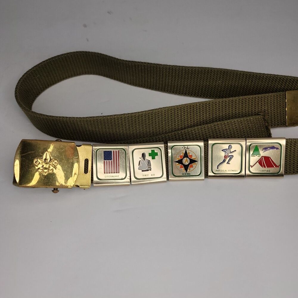 Vintage Boy Scouts Belt Brass Buckle Merit Badge Panels Olive Green 45.75 USA
